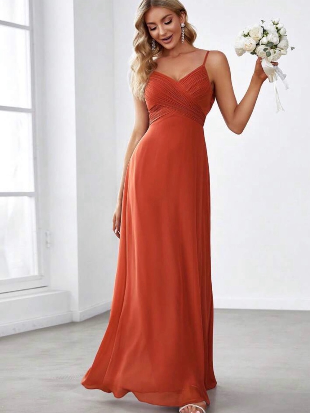 Spaghetti-Strap Rust Orange Evening Gown